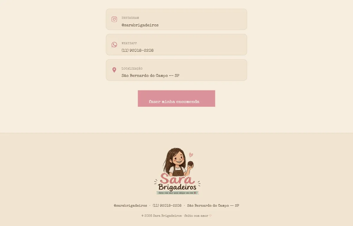 Sara Brigadeiros — rodapé com contato e localização
